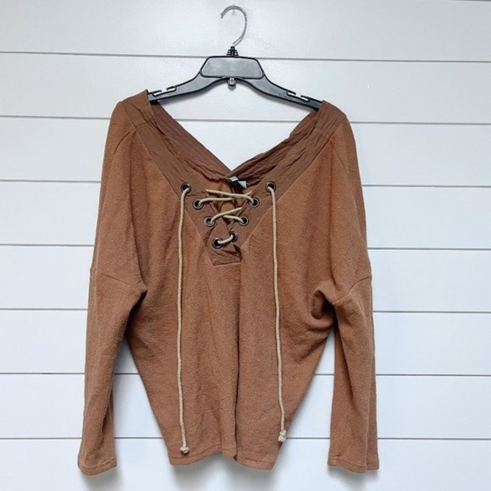 She + Sky Lace-Up Boho v-neck Pullover Small Brown Sweatshirt